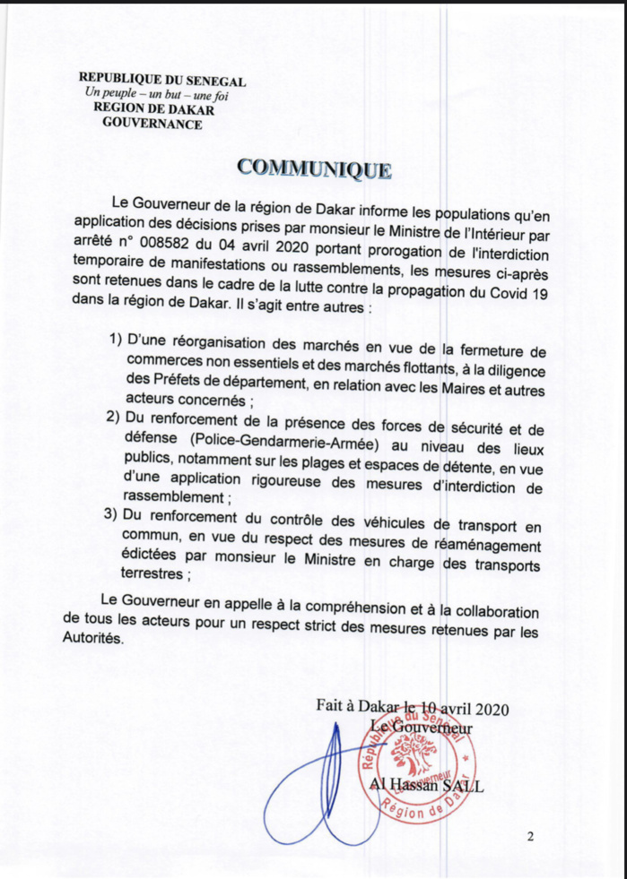 COVID-19 / DAKAR : Le Gouverneur décide de la « réorganisation des marchés en vue de la fermeture des commerces non essentiels » (DOCUMENT)