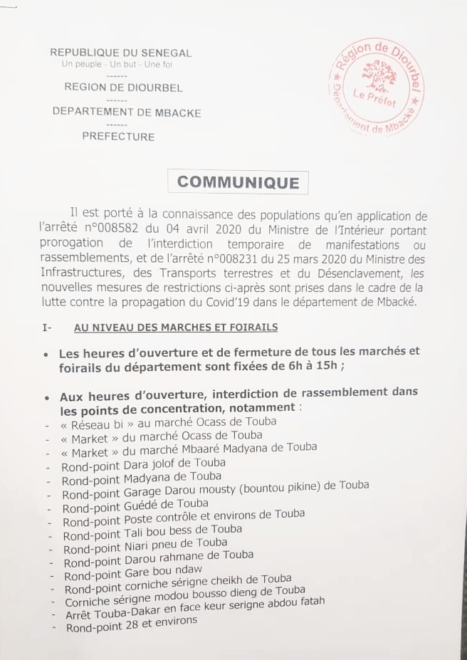 MBACKÉ ET COVID-19 / Le préfet sort un arrêté, ferme les marchés à 15h et interdit les rassemblements dans les lieux publics. (DOCUMENT)