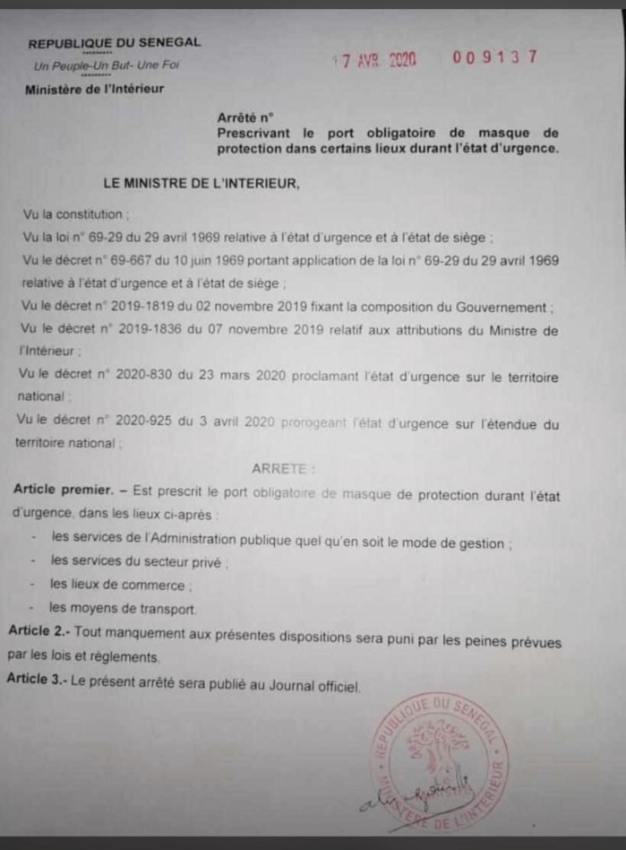 COVID-19 AU SÉNÉGAL : Le Gouvernement impose le port obligatoire de masque dans certains lieux durant l'état d'urgence. (DOCUMENT) COVID-19 AU SÉNÉGAL : Le Gouvernement impose le port obligatoire de masque dans certains lieux durant l'état d'urgence. (DOCUMENT)