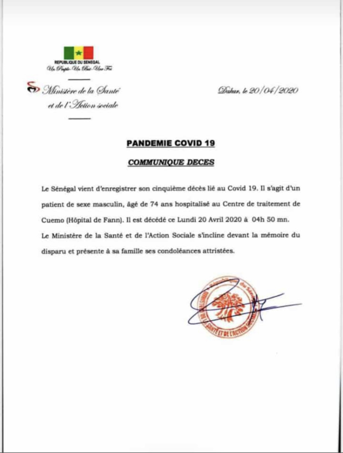 Urgent : Le Sénégal enregistre  un cinquième décès lié au Covid-19.