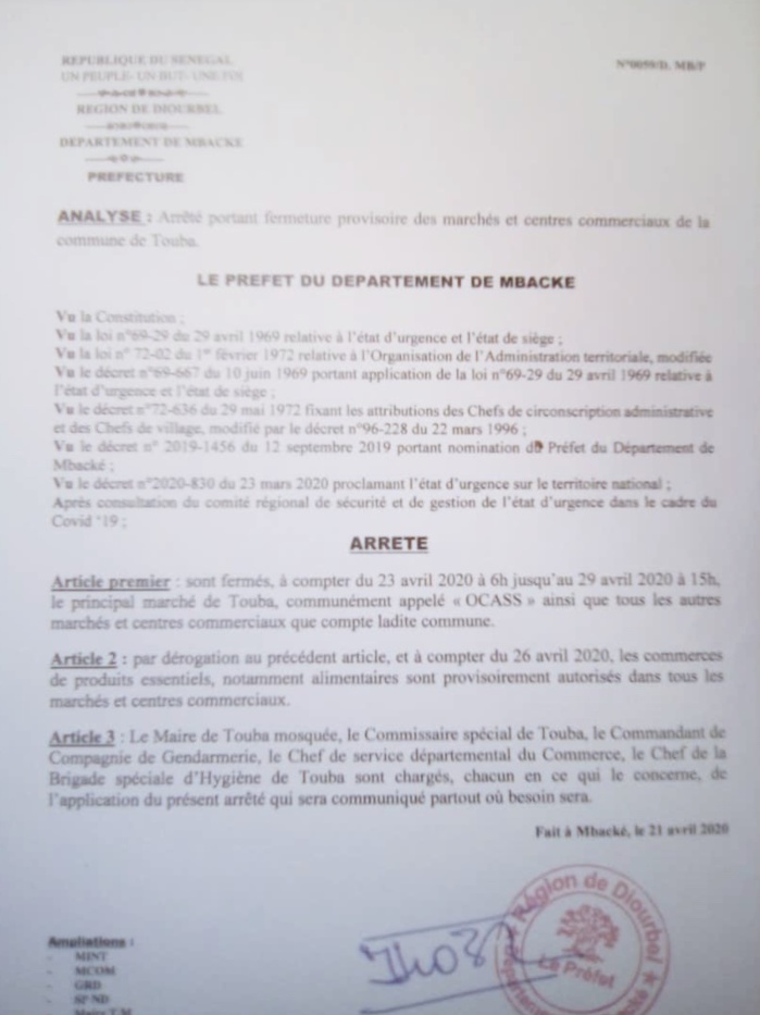TOUBA : Voici l’arrêté du préfet Makhtar Diop portant fermeture du marché Ocass. (DOCUMENT)