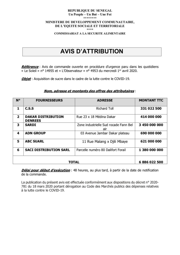 AIDE ALIMENTAIRE : Voici l’attribution des marchés du sucre et de l’huile. AIDE ALIMENTAIRE : Voici l’attribution des marchés du sucre et de l’huile.