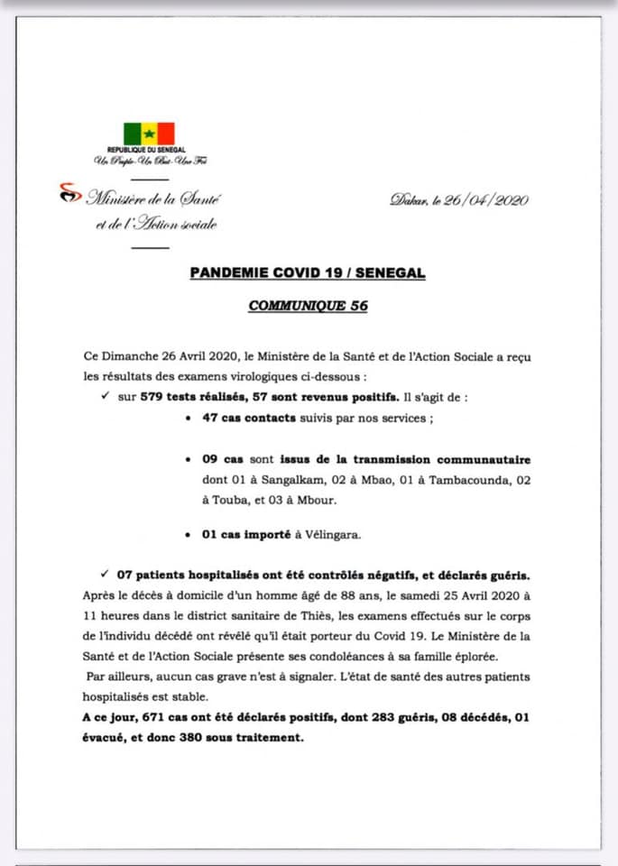 SÉNÉGAL : 57 nouveaux cas testés positifs au coronavirus, 7 nouveaux guéris et un nouveau décès.