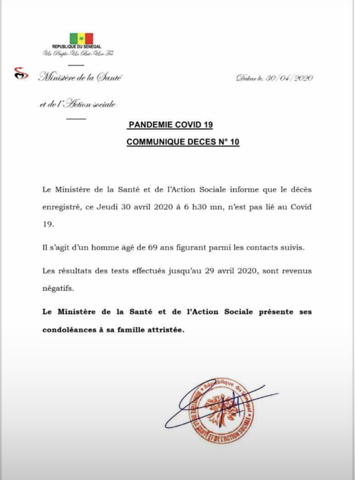 SÉNÉGAL : Décès d’un cas suspect dans son lieu de confinement. SÉNÉGAL : Décès d’un cas suspect dans son lieu de confinement.