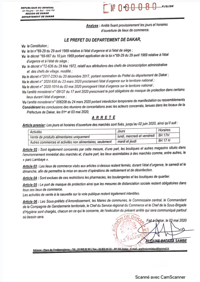 DAKAR : Le Préfet met en vigueur l'arrêté sur les jours et horaires d'ouverture des marchés jusqu'au 2 Juin 2020. DAKAR : Le Préfet met en vigueur l'arrêté sur les jours et horaires d'ouverture des marchés jusqu'au 2 Juin 2020.