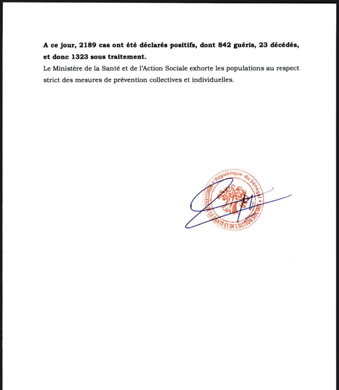 SÉNÉGAL : 84 nouveaux cas testés positifs au coronavirus, 1 nouveau décès, 60 nouveaux guéris et 6 cas graves en réanimation.