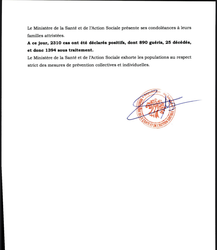 SÉNÉGAL : 121 nouveaux cas testés positifs au coronavirus, 2 nouveaux décès, 48 nouveaux guéris et 6 cas graves en réanimation.
