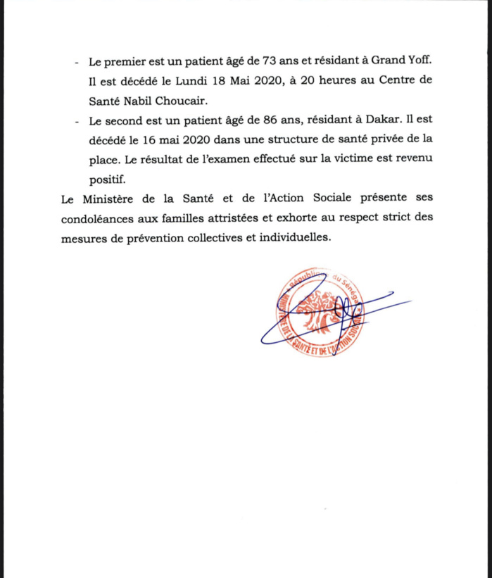 SÉNÉGAL : 73 nouveaux cas testés positifs au coronavirus, 57 nouveaux guéris, 2 nouveaux décès et 9 cas graves en réanimation.