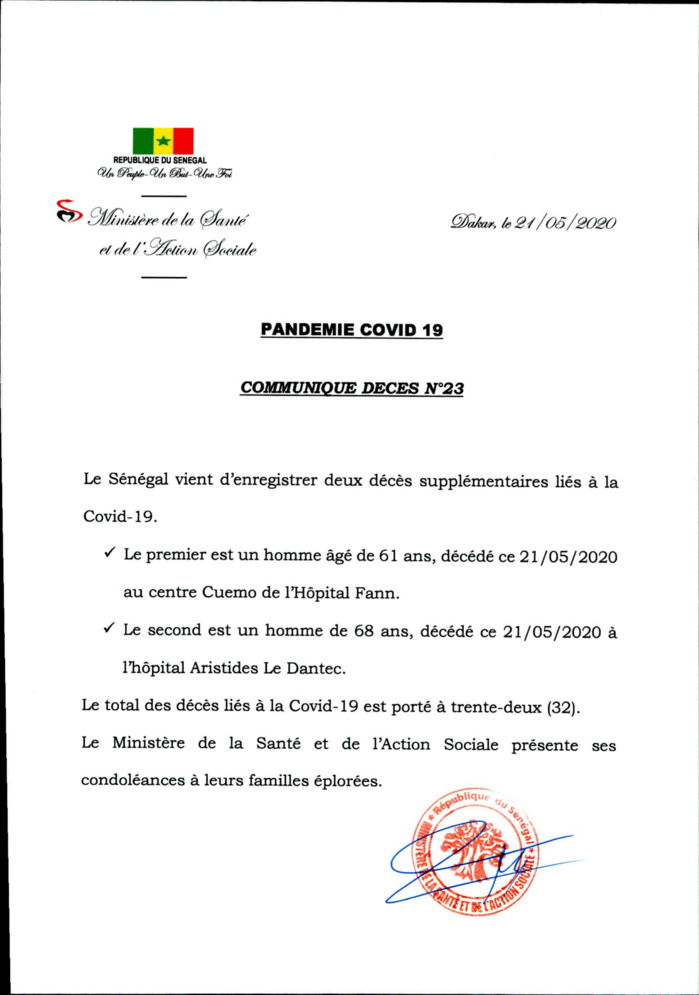 URGENT : Le Sénégal enregistre deux nouveaux décès liés à la Covid-19.