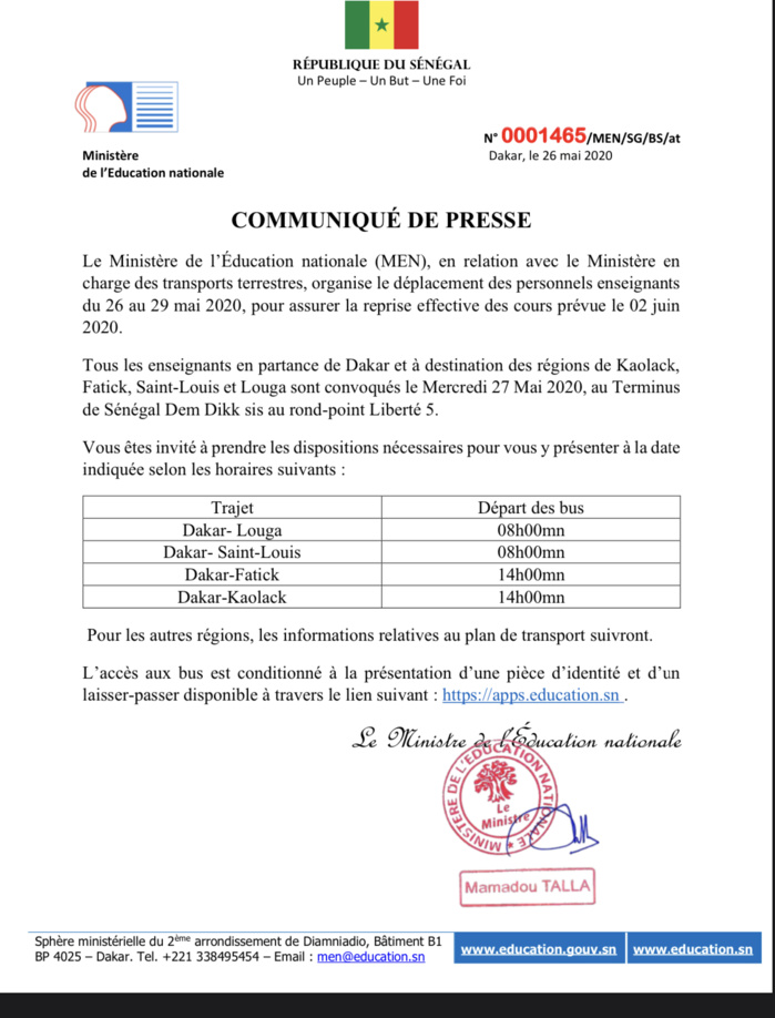 COVID-19 /Transport du personnel enseignant : Voici les horaires de départ. (DOCUMENT)