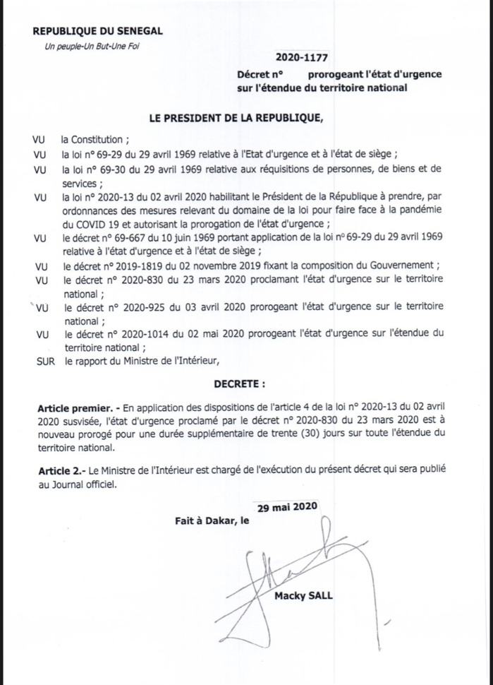 URGENT : Le président Macky Sall prolonge l’état d’urgence de 30 jours.