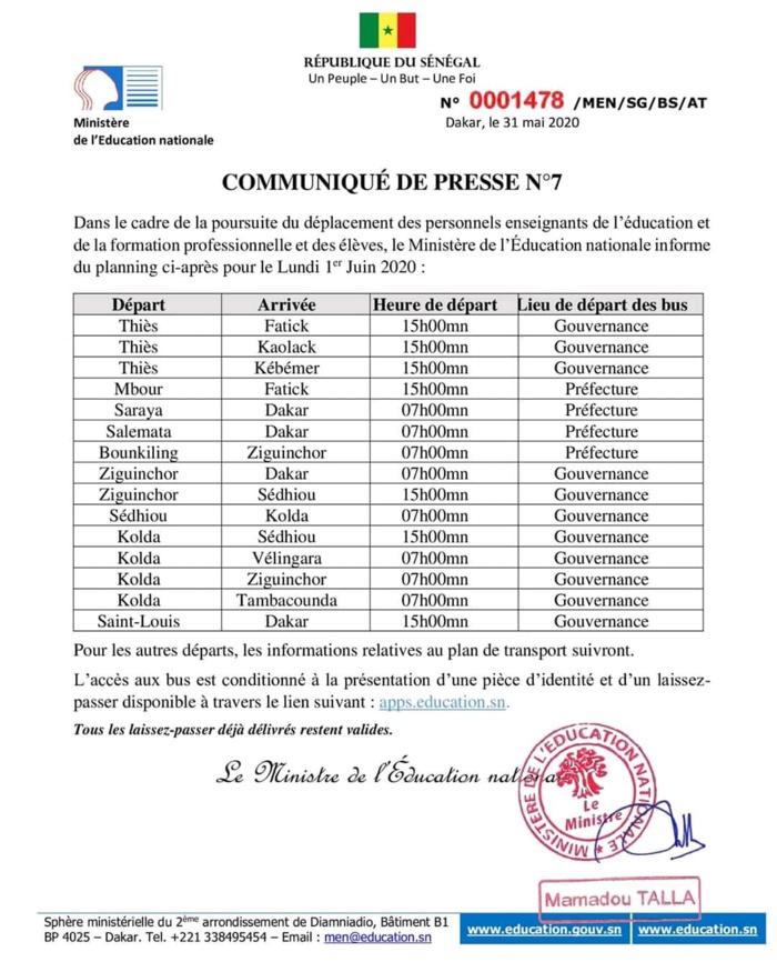 Reprise des cours / Déplacement des enseignants : Le planning de ce lundi 1er Juin 2020.