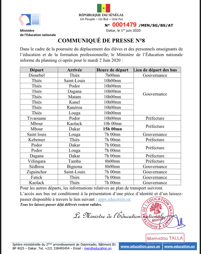REPRISE DES COURS / Déplacement des enseignants et des élèves : Le planning des départs de ce mardi 2 Juin 2020 . (DOCUMENT) REPRISE DES COURS / Déplacement des enseignants et des élèves : Le planning des départs de ce mardi 2 Juin 2020 . (DOCUMENT)