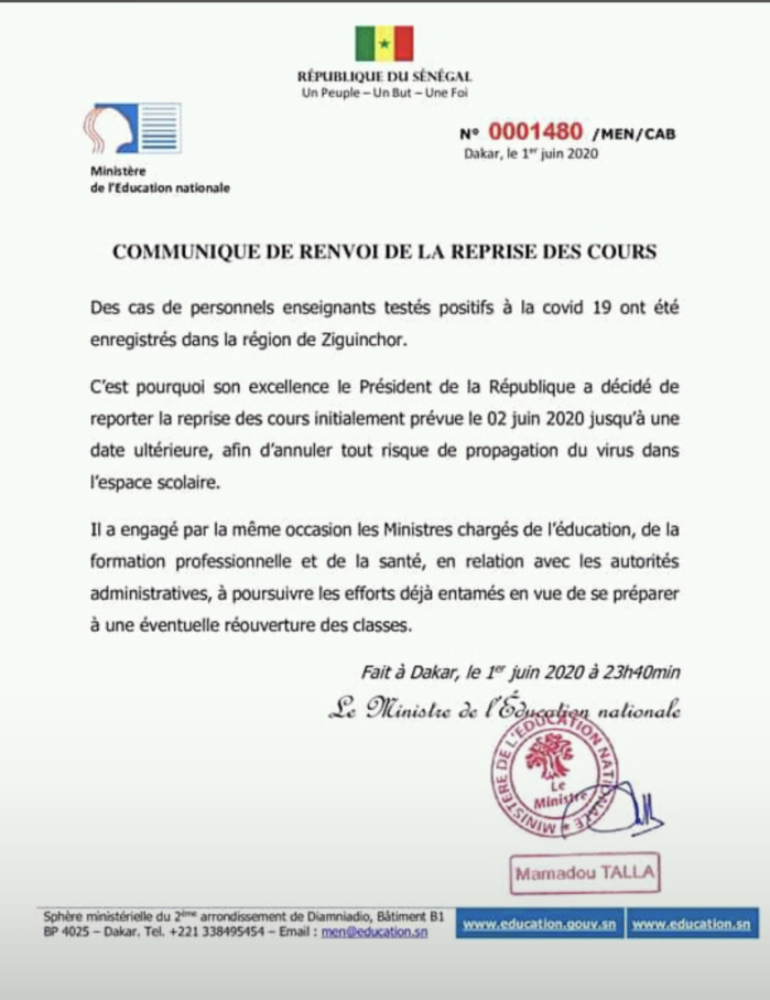 COVID-19 / SÉNÉGAL : Report de la reprise des cours initialement prévue demain mardi 2 Juin 2020.
