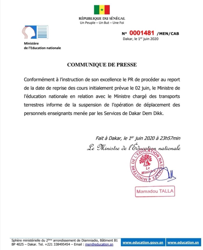 Report de la reprise des cours : Suspension du transport des Enseignants. (DOCUMENT) Report de la reprise des cours : Suspension du transport des Enseignants. (DOCUMENT)