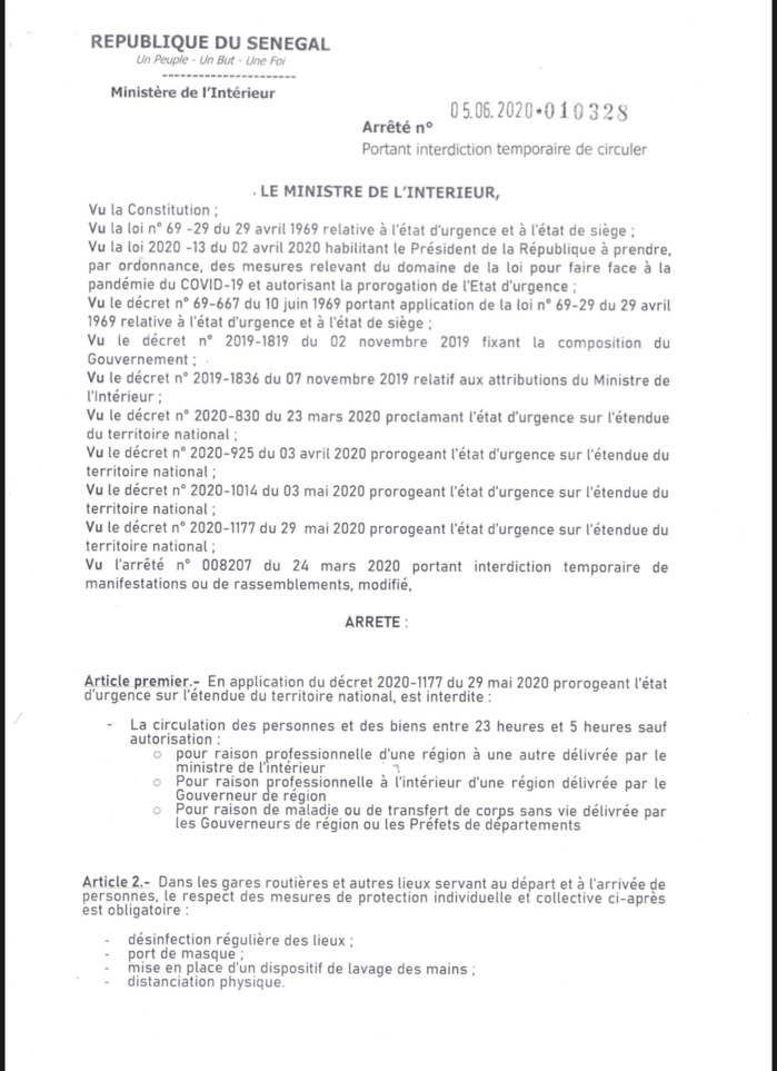 SÉNÉGAL / Assouplissement des mesures - Interdiction de rassemblements : Les arrêtés du ministre de l’intérieur . (DOCUMENT)
