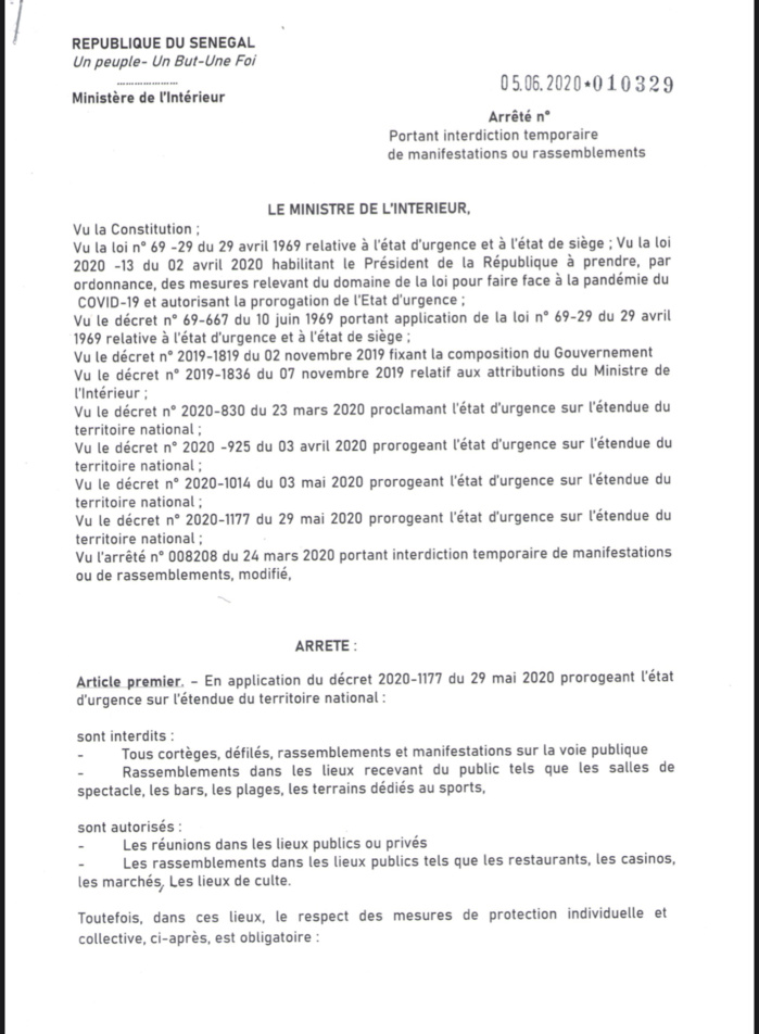 SÉNÉGAL / Assouplissement des mesures - Interdiction de rassemblements : Les arrêtés du ministre de l’intérieur . (DOCUMENT)