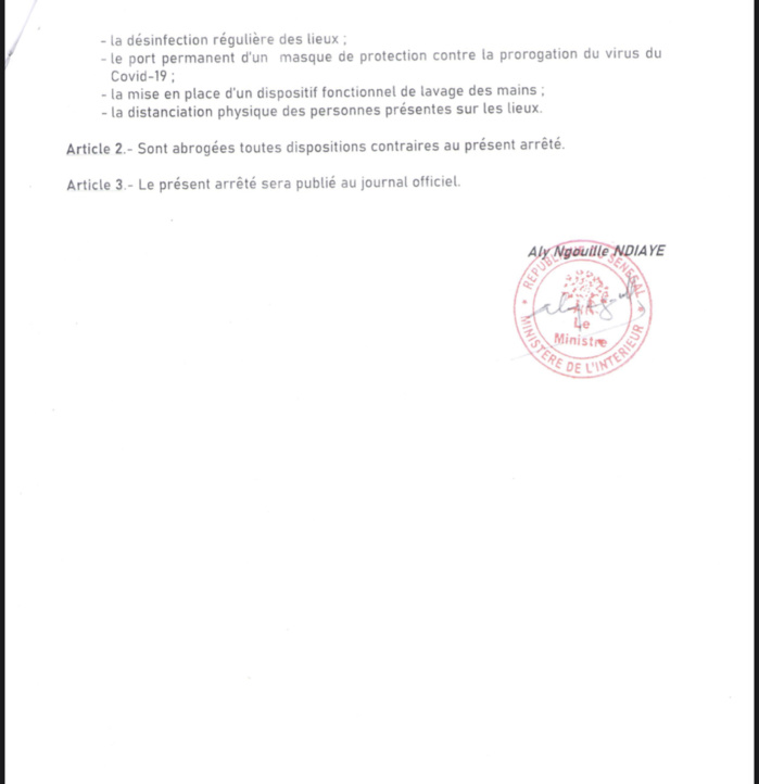 SÉNÉGAL / Assouplissement des mesures - Interdiction de rassemblements : Les arrêtés du ministre de l’intérieur . (DOCUMENT)
