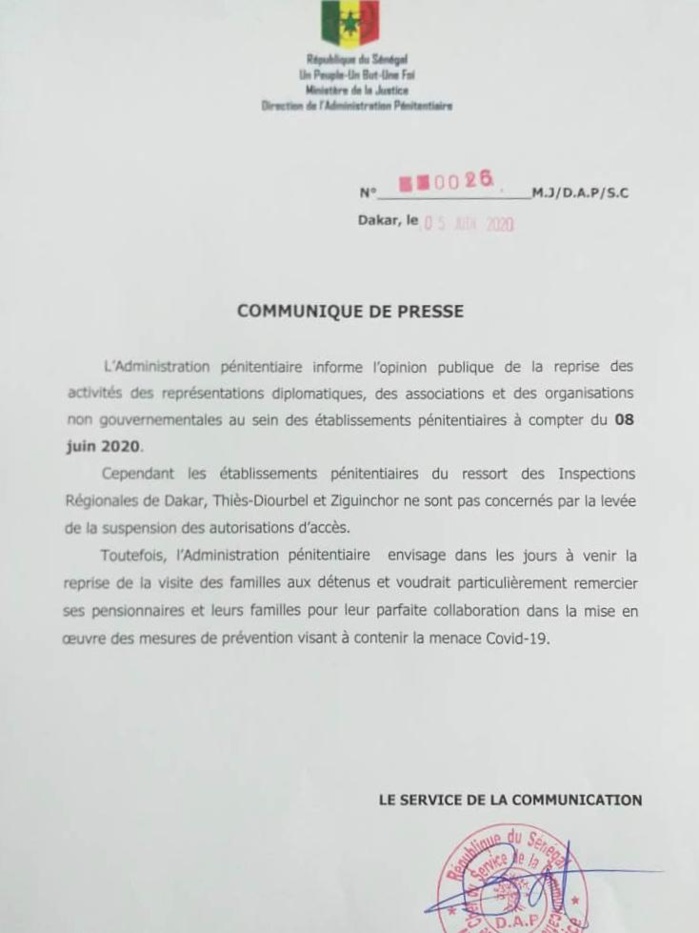 SÉNÉGAL : Reprise des activités dans les établissements pénitentiaires à partir du 8 Juin 2020. (DOCUMENT) SÉNÉGAL : Reprise des activités dans les établissements pénitentiaires à partir du 8 Juin 2020. (DOCUMENT)