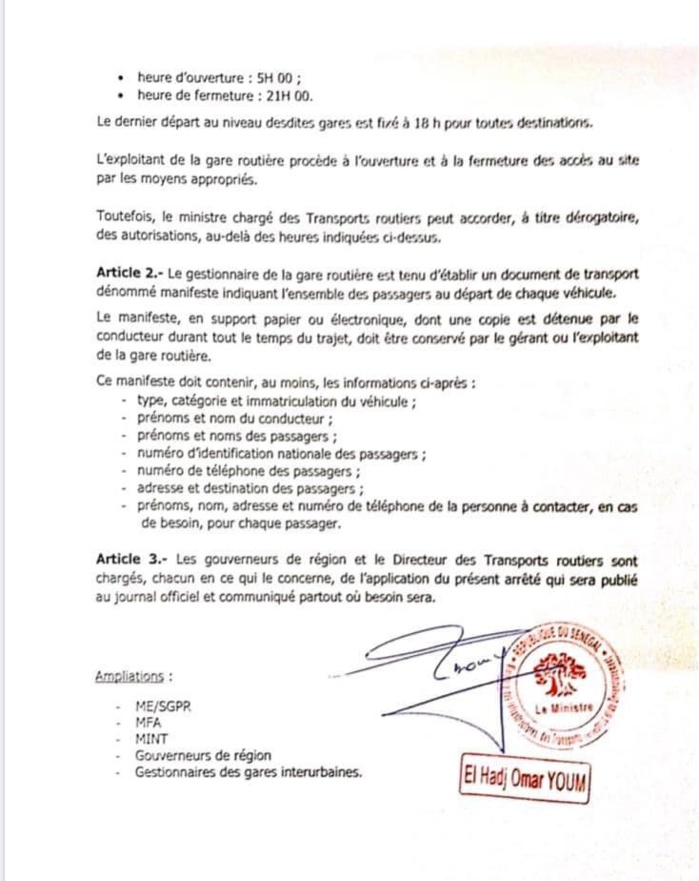 COVID-19 AU SÉNÉGAL : L’arrêté fixant les règles d’exploitation des gares routières interurbaines. (DOCUMENT)