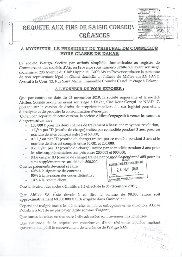 Akilee - WattGo : Les détails de l’ordonnance du Tribunal de commerce ordonnant la saisie des comptes du partenaire fournisseur de la Senelec. (DOCUMENTS) Akilee - WattGo : Les détails de l’ordonnance du Tribunal de commerce ordonnant la saisie des comptes du partenaire fournisseur de la Senelec. (DOCUMENTS)