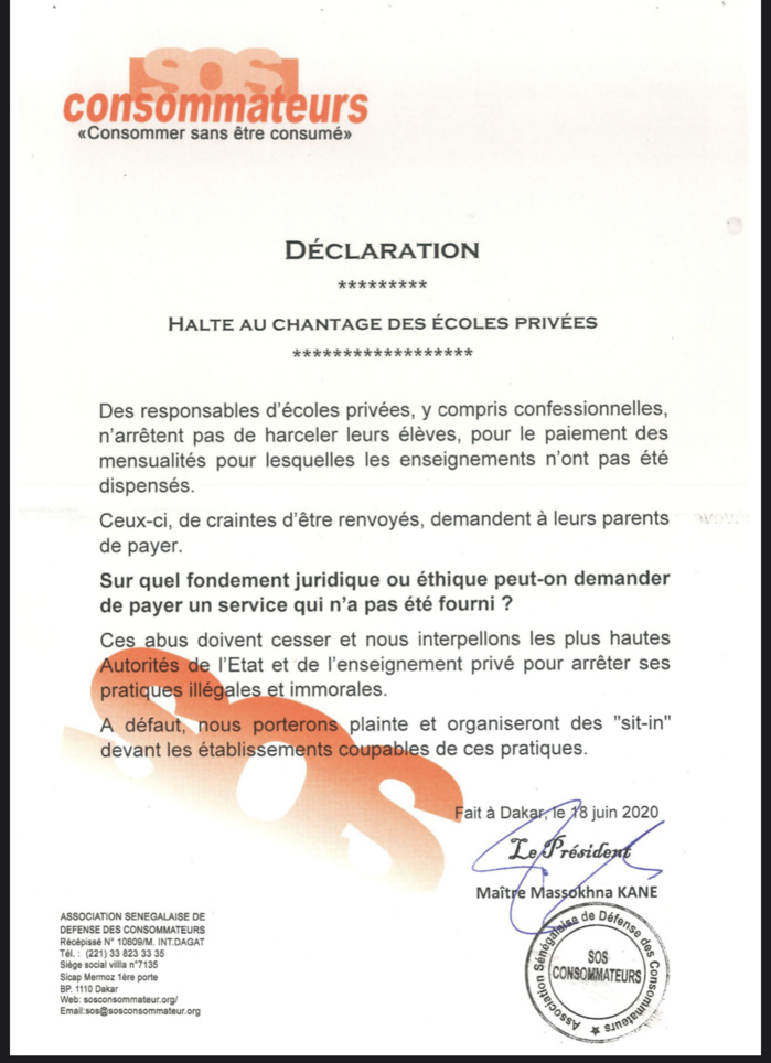 Paiement des mensualités : Me Massokhna Kane appelle les écoles privées à arrêter leur harcèlement. (Document)
