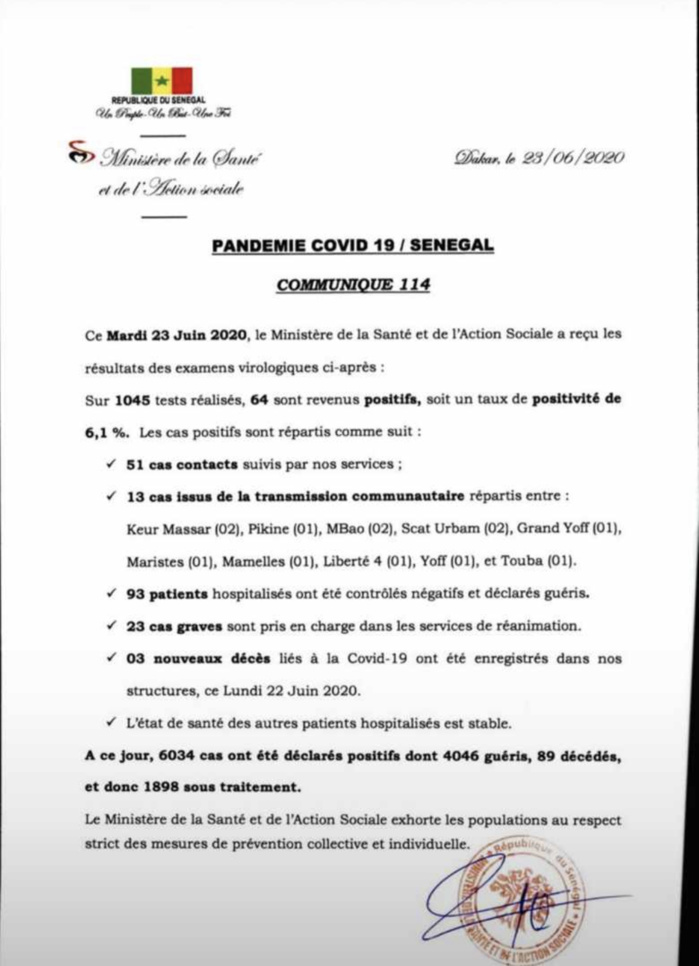 SÉNÉGAL : 64 nouveaux cas testés positifs au coronavirus, 93 nouveaux guéris, 3 nouveaux décès et 23 cas graves en réanimation.
