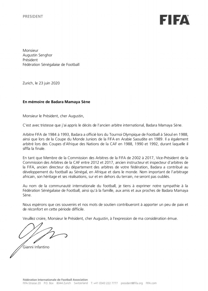 Disparition de Badara Mamaya Sène : Les condoléances du président de la FIFA, Gianni Infantino, à la FSF.