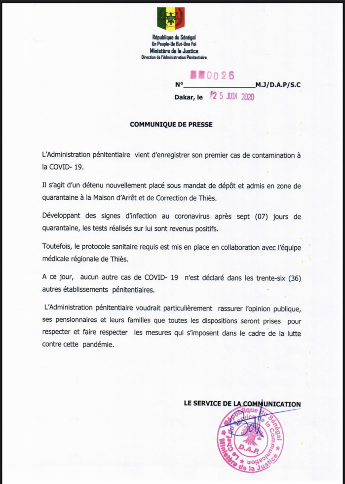 La COVID-19 touche l’administration pénitentiaire : Un détenu testé positif au coronavirus. (DOCUMENT) La COVID-19 touche l’administration pénitentiaire : Un détenu testé positif au coronavirus. (DOCUMENT)