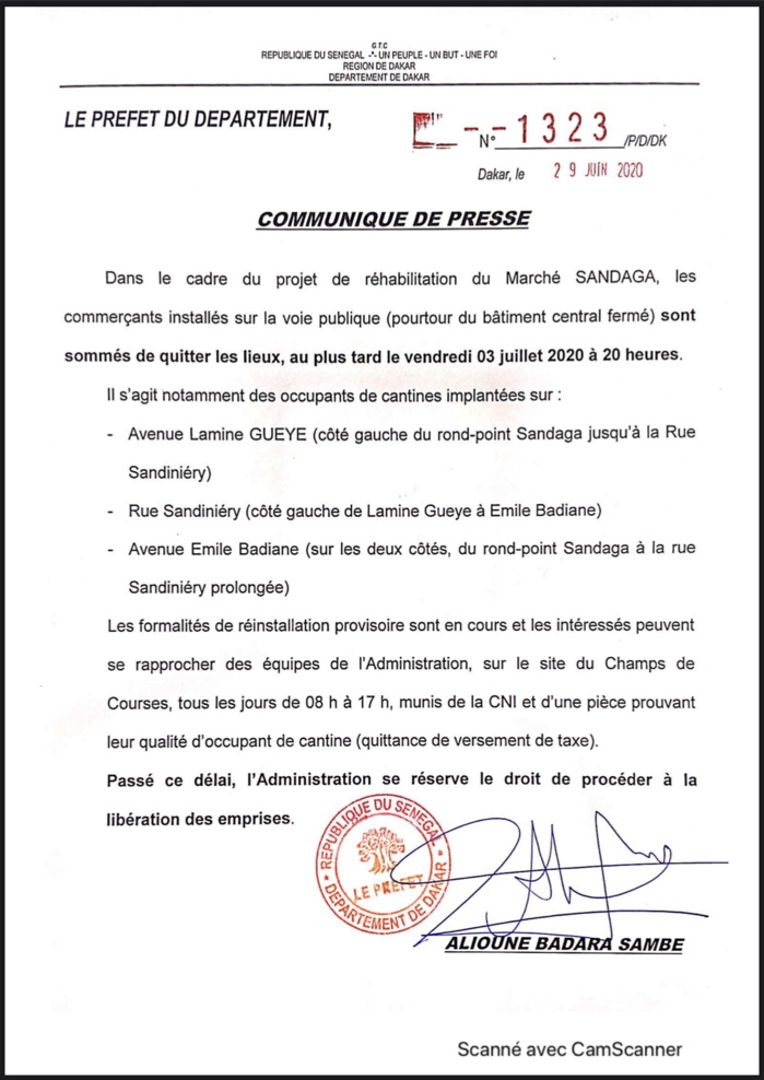 Réhabilitation du marché de Sandaga : Le Préfet envoie un dernier avertissement aux commerçants leur sommant de quitter les lieux au plus tard ce vendredi. (DOCUMENT)