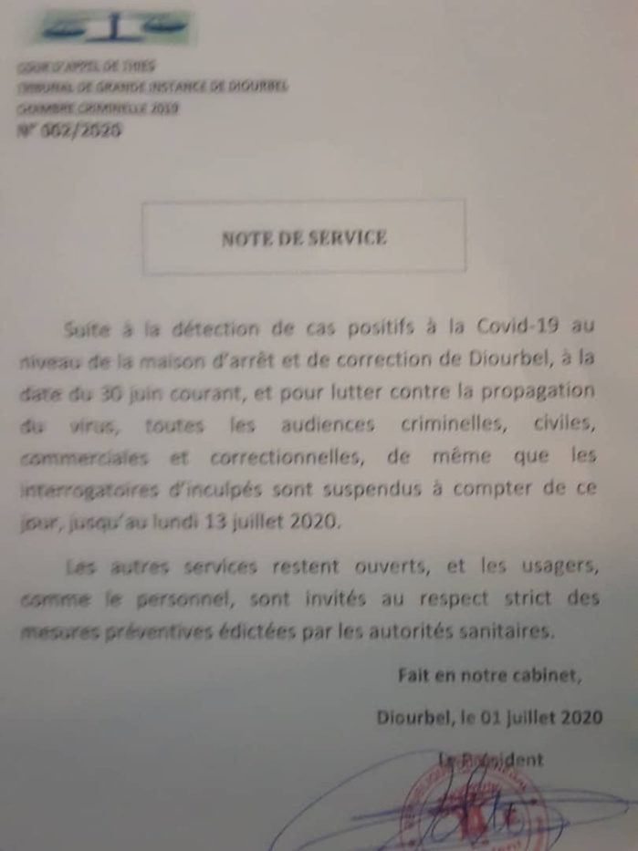 TRIBUNAL DE DIOURBEL / La pandémie de la Covid19 suspend les audiences jusqu'au 13 juillet 2020.