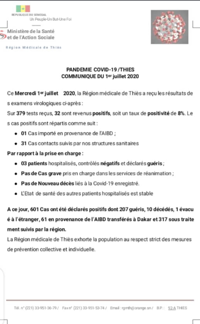 Covid-19 : 607 cas positifs au coronavirus à Thiès 3ème région la plus touchée par la pandémie.