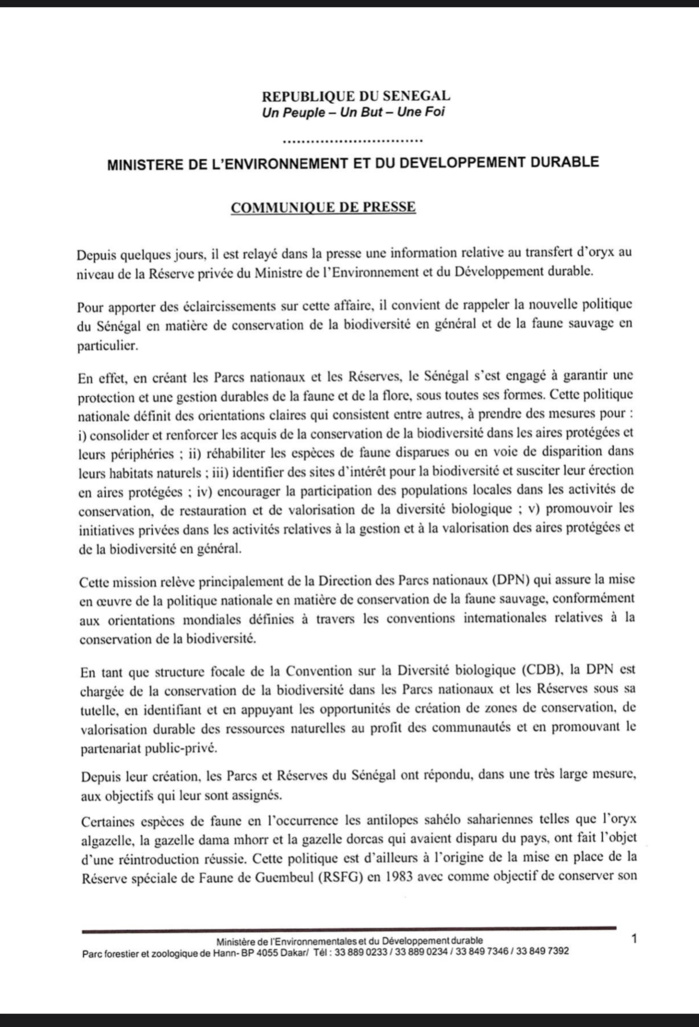Transfert d’oryx à la réserve du ministre de l’environnement et du développement durable : Les éclaircissements de Abdou Karim Sall. (DOCUMENT)