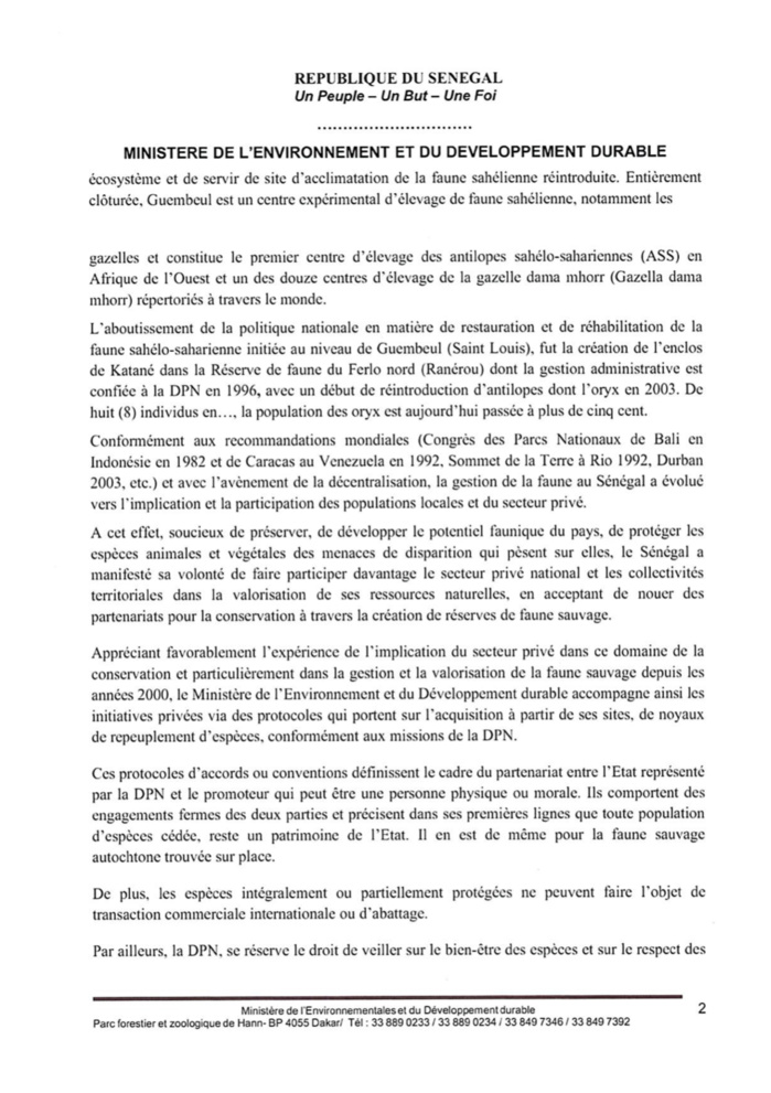 Transfert d’oryx à la réserve du ministre de l’environnement et du développement durable : Les éclaircissements de Abdou Karim Sall. (DOCUMENT)