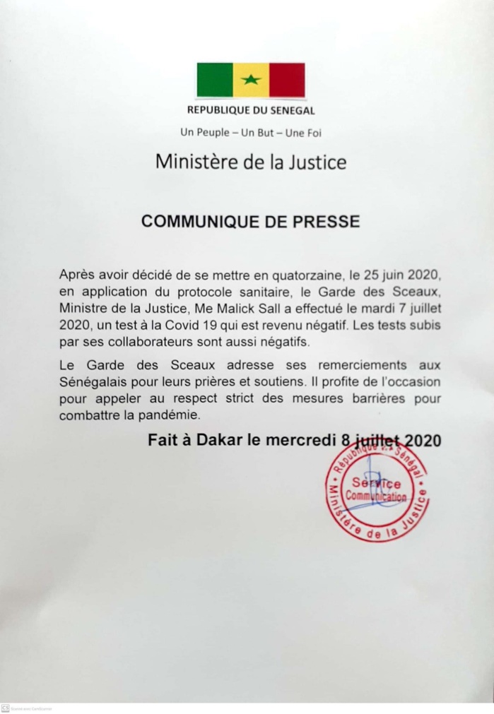 COVID-19 : Le ministre de la Justice sort de sa quatorzaine après 2 tests négatifs. (DOCUMENT)