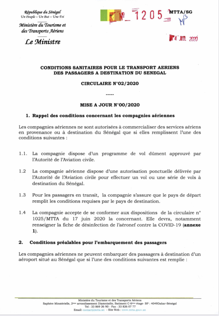 AÉROPORT : Les conditions sanitaires pour le transport aérien des passagers à destination du Sénégal. (DOCUMENTS) AÉROPORT : Les conditions sanitaires pour le transport aérien des passagers à destination du Sénégal. (DOCUMENTS)