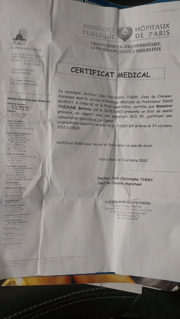 voici le certificat médical de cheikh Bethio Thioune.