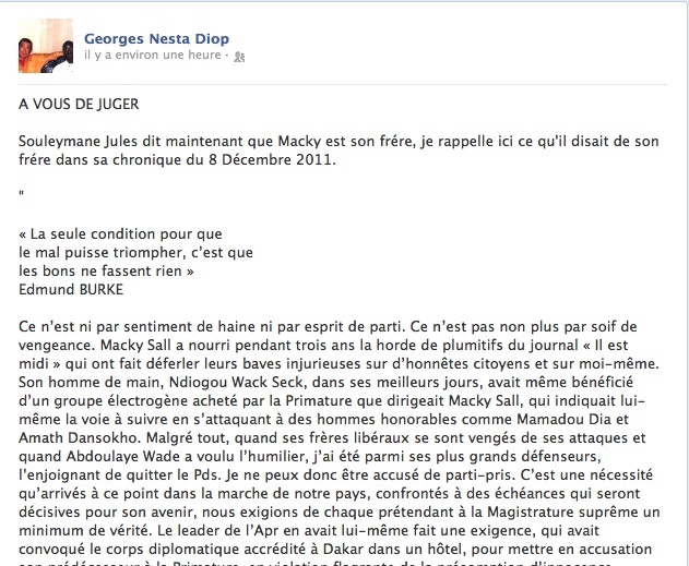 Le journaliste Georges Nesta Diop attaque sur sa page Facebook Souleymane Jules Diop