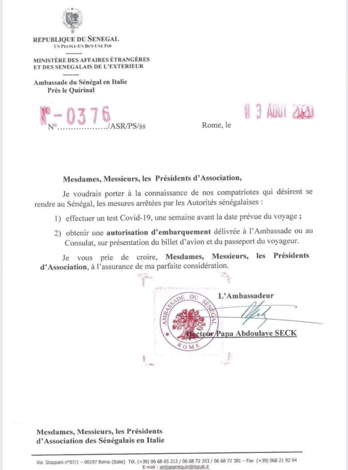 COVID-19 : Les Sénégalais résidents en Italie qui désirent rentrer au pays doivent désormais présenter un test. (DOCUMENT) COVID-19 : Les Sénégalais résidents en Italie qui désirent rentrer au pays doivent désormais présenter un test. (DOCUMENT)