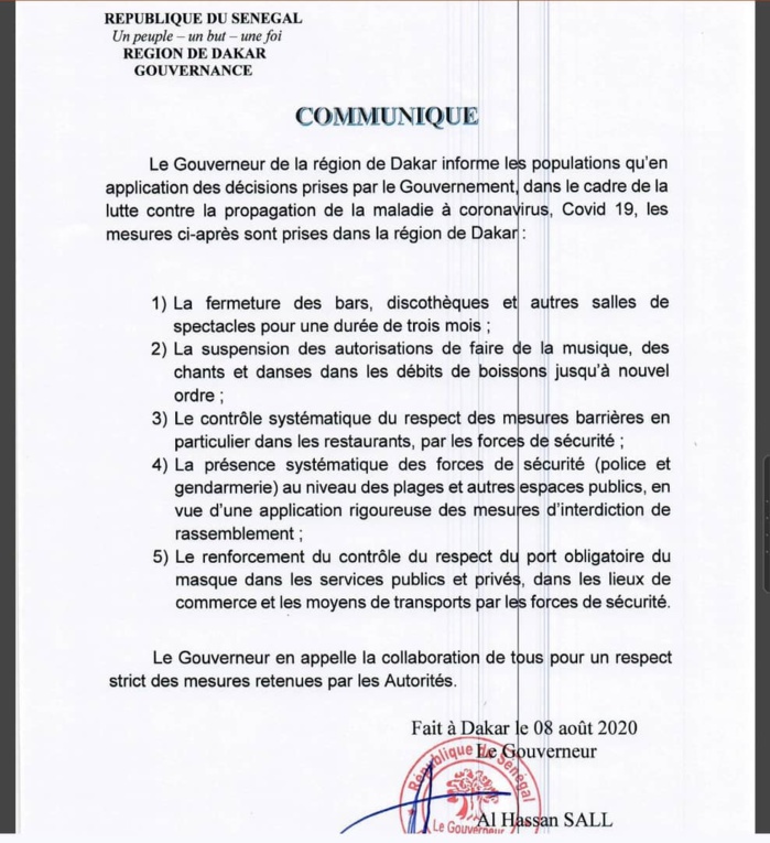 COVID-19 / Mesures restrictives : Le Gouverneur de Dakar ferme les bars, les discothèques et les salles de spectacle pour 3 mois. (DOCUMENT)
