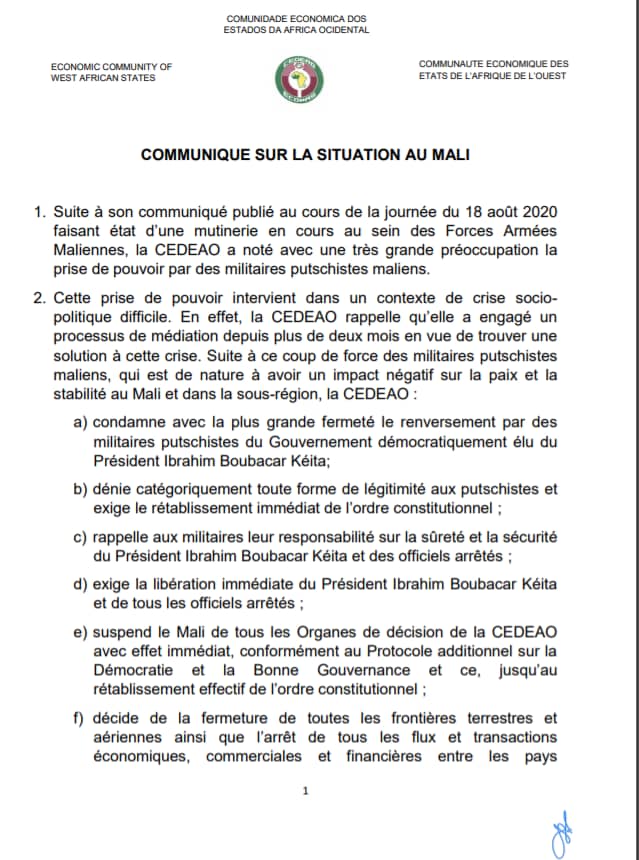 MALI : La CEDEAO condamne, sanctionne et menace... (DOCUMENT)