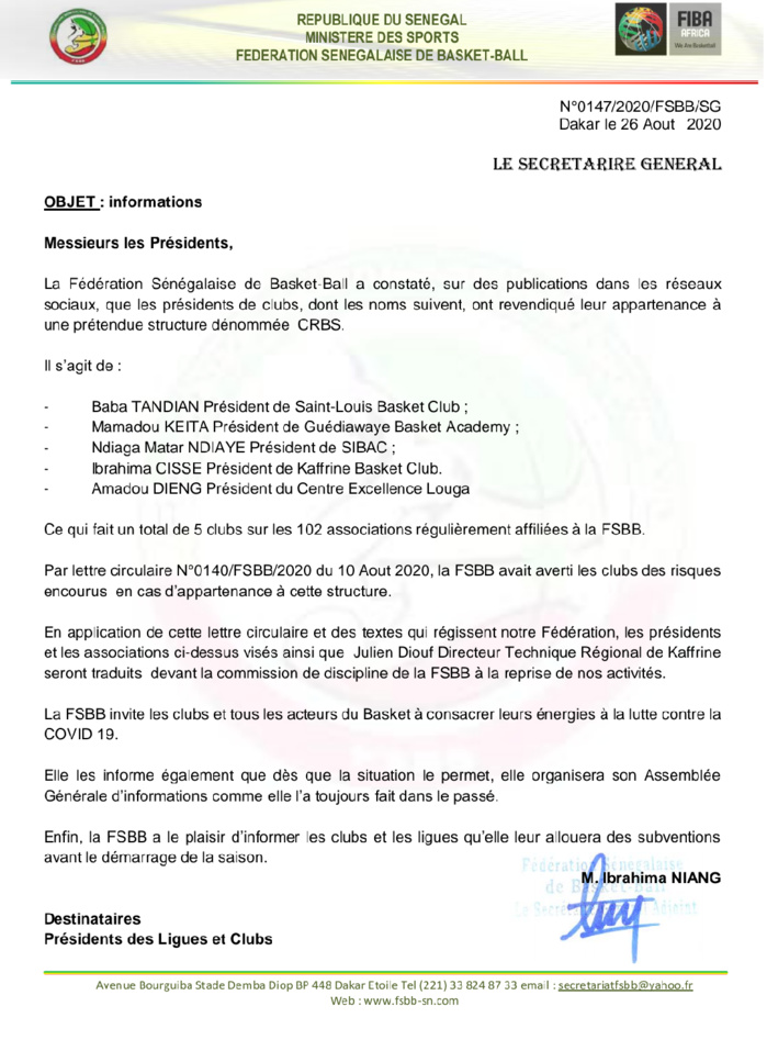Basketball / FSBB : Baba Tandian et 4 présidents de club traduits en conseil de discipline par Me Babacar Ndiaye. Basketball / FSBB : Baba Tandian et 4 présidents de club traduits en conseil de discipline par Me Babacar Ndiaye.
