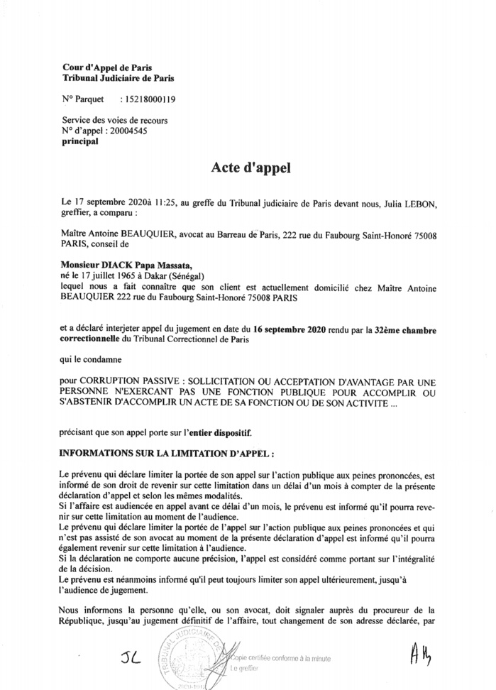Affaire IAAF : Papa Massata Diack a officiellement interjeté appel à la Cour d'Appel du tribunal Judiciaire de Paris (Documents) Affaire IAAF : Papa Massata Diack a officiellement interjeté appel à la Cour d'Appel du tribunal Judiciaire de Paris (Documents)