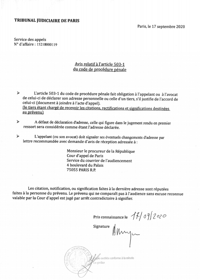 Affaire IAAF : Papa Massata Diack a officiellement interjeté appel à la Cour d'Appel du tribunal Judiciaire de Paris (Documents) Affaire IAAF : Papa Massata Diack a officiellement interjeté appel à la Cour d'Appel du tribunal Judiciaire de Paris (Documents)