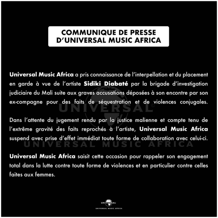 Affaire de violence conjugale : Universal Music Africa suspend sa collaboration avec Sidiki Diabaté. Affaire de violence conjugale : Universal Music Africa suspend sa collaboration avec Sidiki Diabaté.