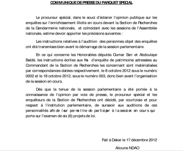 Communiqué du procureur Alioune Ndao 