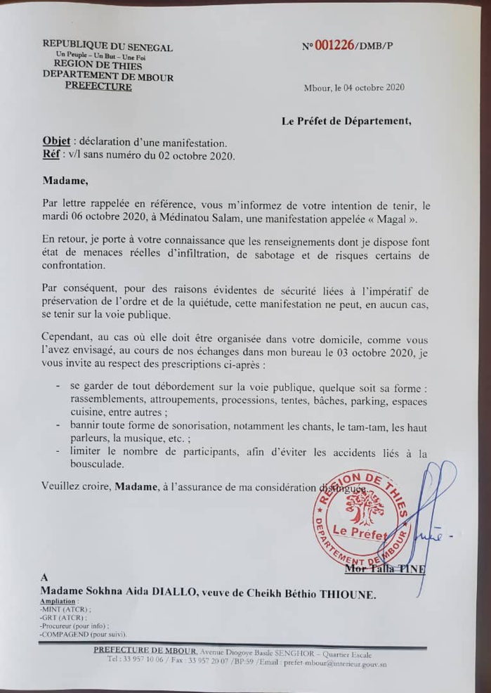 Magal à Medinatoul Salam : Le Préfet de Mbour interdit la voie publique à Sokhna Aïda DIallo.