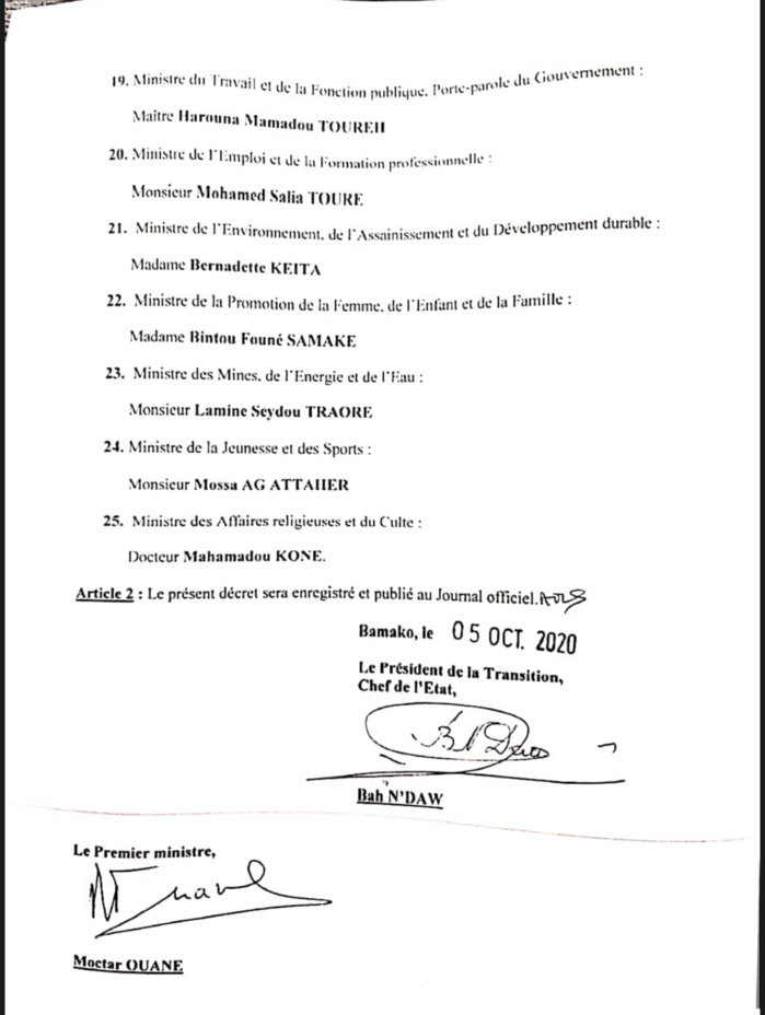 MALI : Le président de la transition Bah Ndaw nomme un nouveau Gouvernement. (DOCUMENT/LISTE) MALI : Le président de la transition Bah Ndaw nomme un nouveau Gouvernement. (DOCUMENT/LISTE)