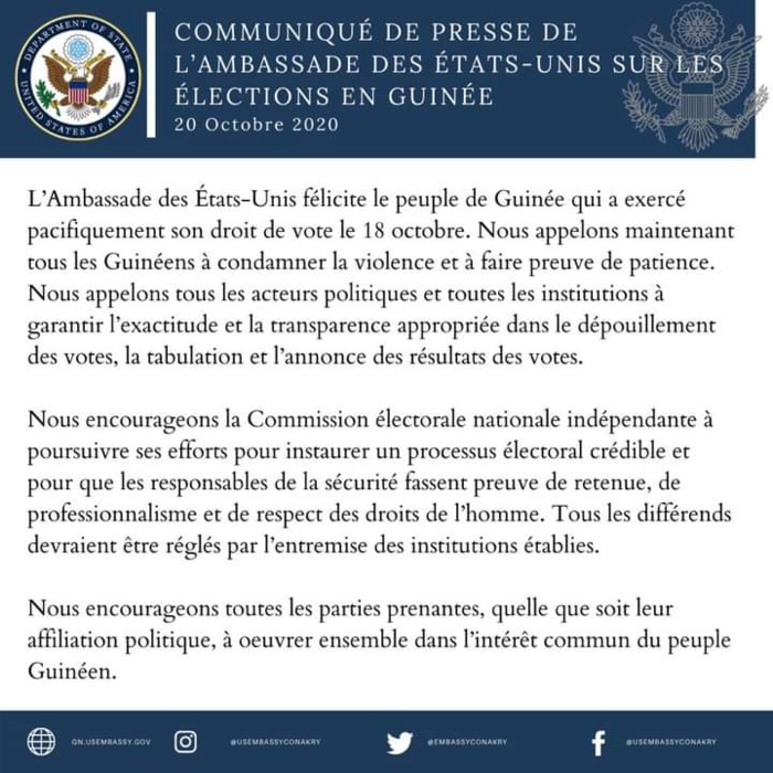 Présidentielle en Guinée Conakry : Les mises en garde des Usa à la CENI, aux forces de l'ordre.