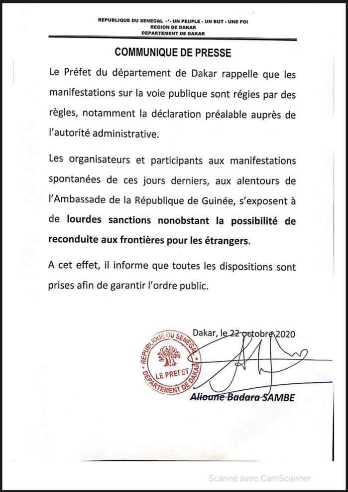 Manifestation devant l’ambassade de la Guinée au Sénégal : Le Préfet de Dakar sort le bâton et menace de rapatrier les étrangers dans leurs pays (DOCUMENT) Manifestation devant l’ambassade de la Guinée au Sénégal : Le Préfet de Dakar sort le bâton et menace de rapatrier les étrangers dans leurs pays (DOCUMENT)